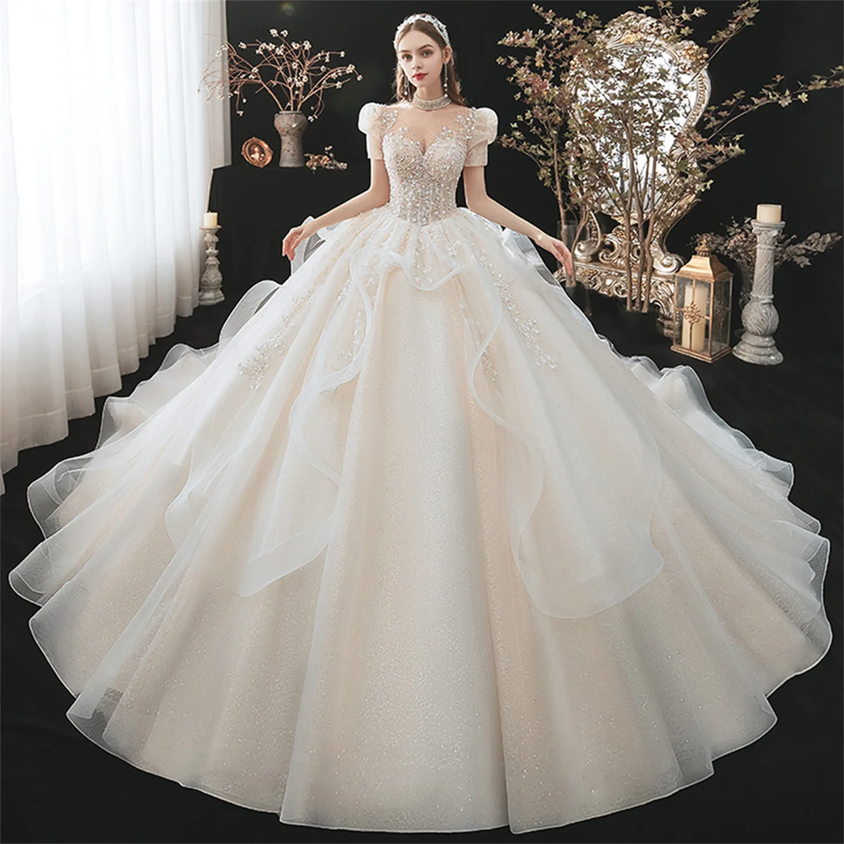

Robe De Soirée De Mariage Pearls High Neck Ball Gown Wedding Dresses Luxury Suknia Slubna Tulle Vintage Vestidos De Novia فساتين