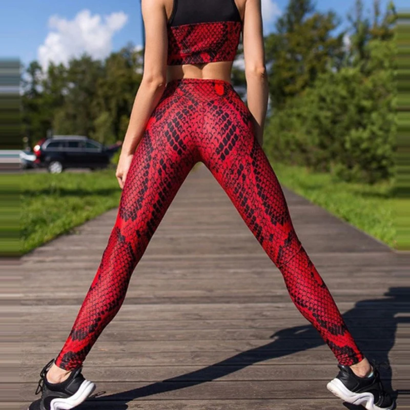 

New Snake Print Leggings Women Red Yellow Fitness Pants Sports High Waist Workout Push Up Trousers Ankle-Length Plaid Bottom XL