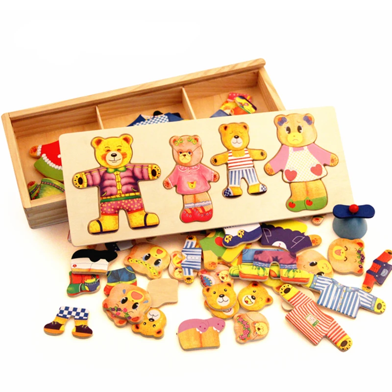 

2021 Kids Wooden Bear Change Clothes Classic Bear Family Dress Jigsaw Puzzle Educational Wooden Toy Creative Toys for Children