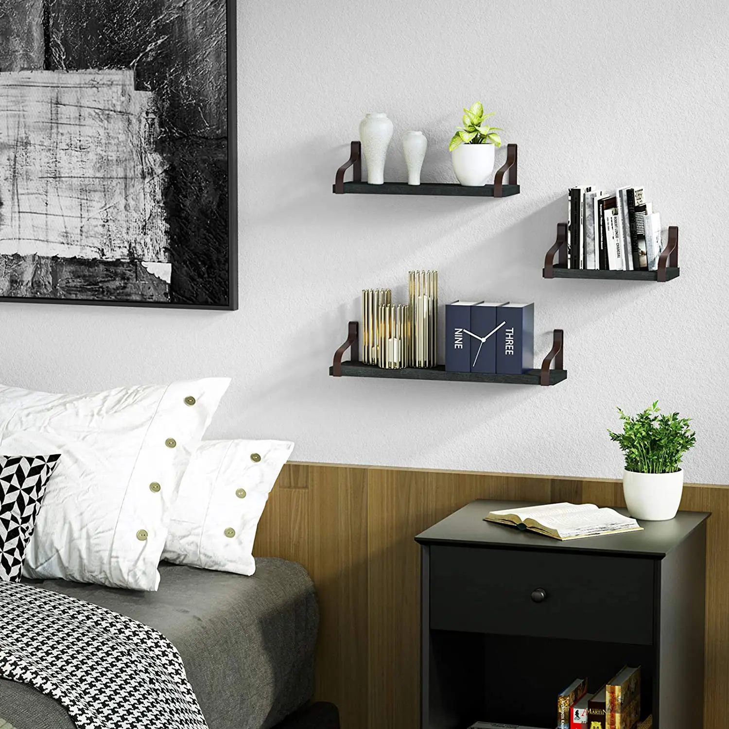 floating shelves wall mounted set of 3 rustic wood wall storage shelves for bedroom living room bathroom kitchen office free global shipping