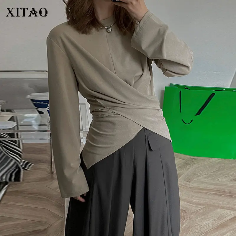 

XITAO Long Sleeve Casual T-Shirts Fashion Personality Split Fork Cross Design Two Ways To Wear Solid Color All-match GWJ3058