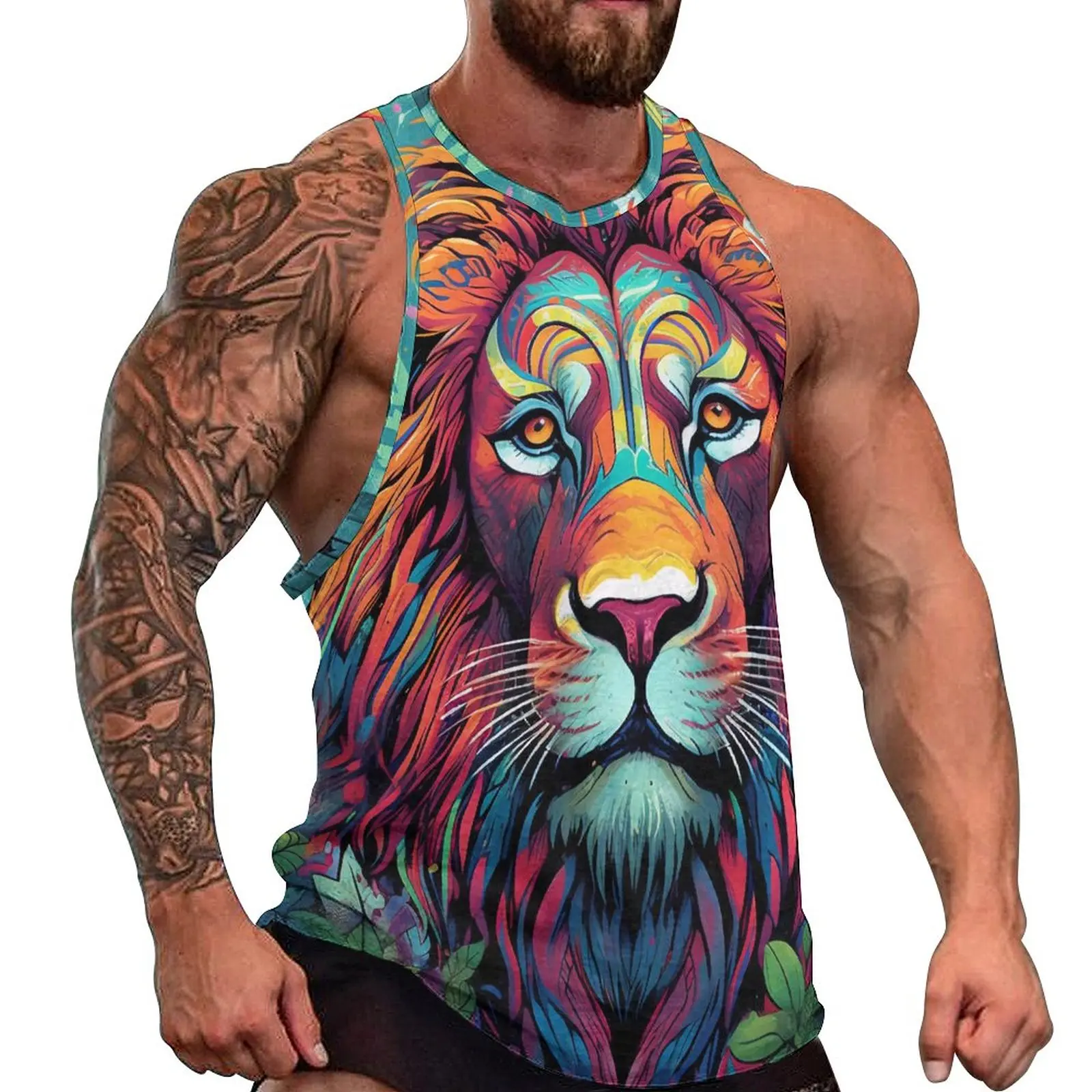 

Lion Summer Tank Top Visual Impact Wall Graffiti Bodybuilding Tops Mens Design Sportswear Sleeveless Shirts Big Size 4XL 5XL