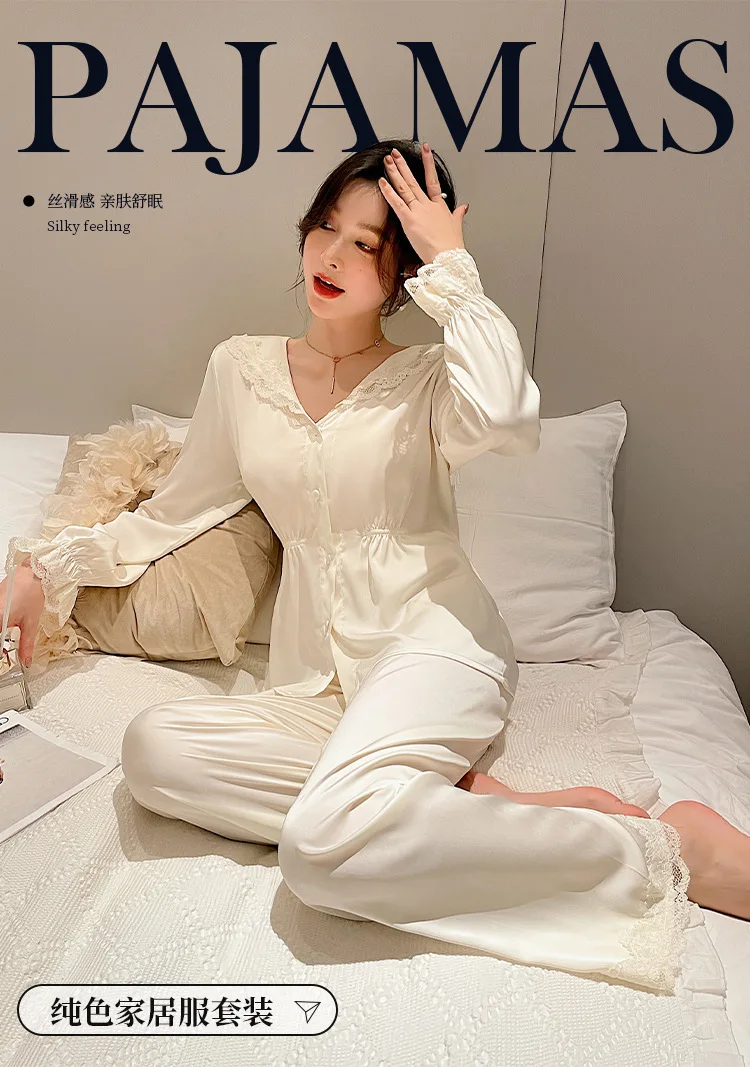 2022 new ice silk pajamas women's thin long-sleeved palace style home pijamas women