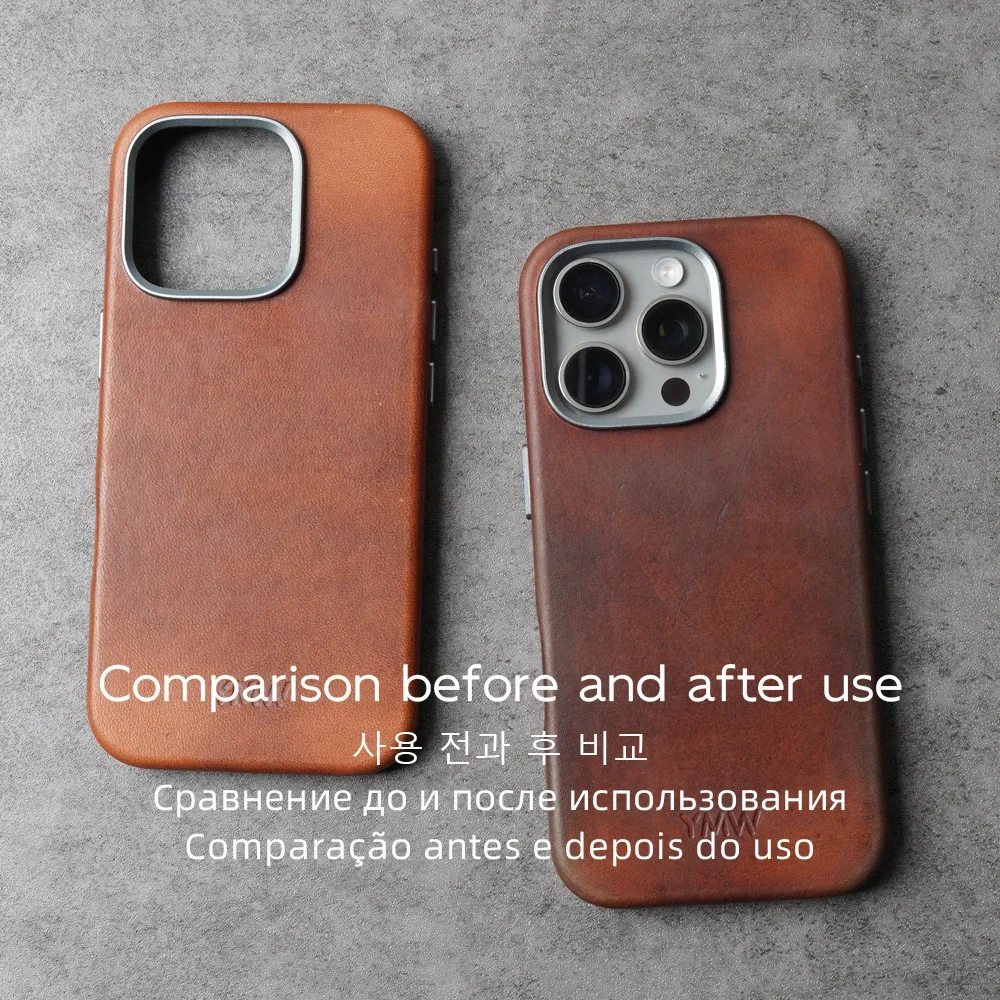 Фото Чехол YMW Horween Dublin из натуральной кожи для iPhone 15, 16 Pro Max, роскошный деловой чехол для телефона из воловьей кожи растительного дубления №4