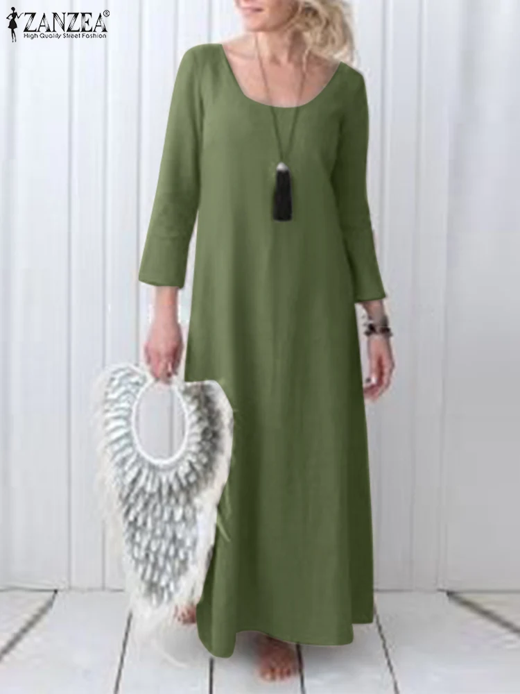 

Осеннее элегантное женское платье ZANZEA с рукавом 3/4 и круглым вырезом, однотонные платья до середины икры, стильное праздничное винтажное пл...