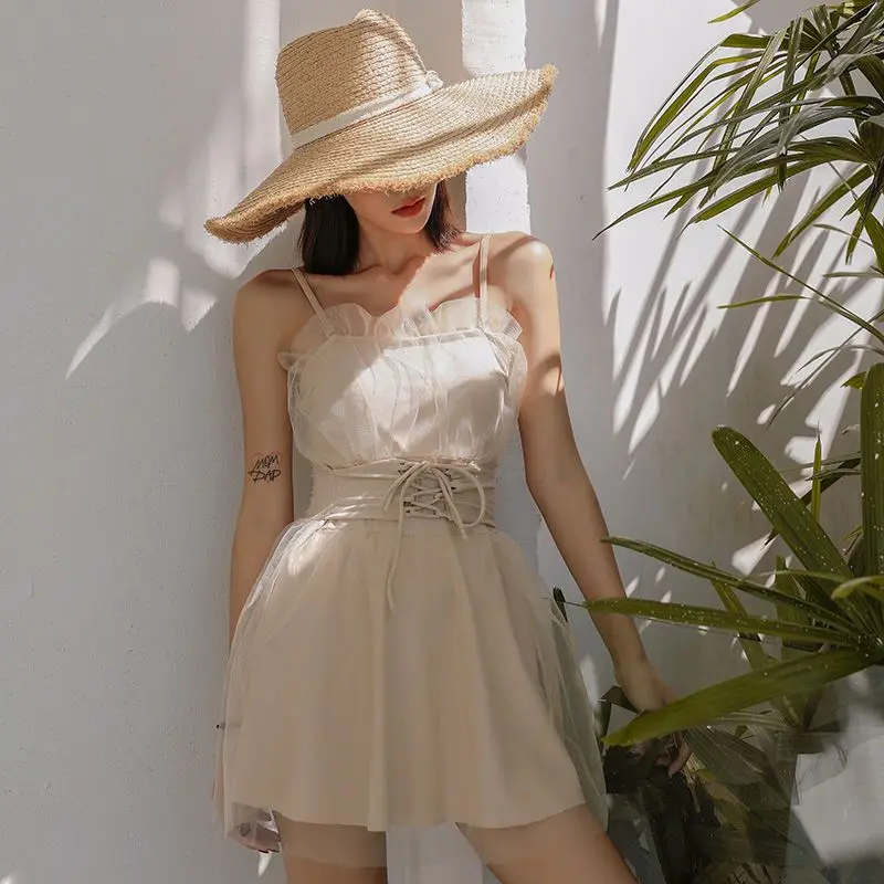 

2021 New One-Piece Skirt Swimsuit Female Hot Spring Super Fairy Lotus Leaf Conservative Cover Belly Slimming Holiday Swimwear