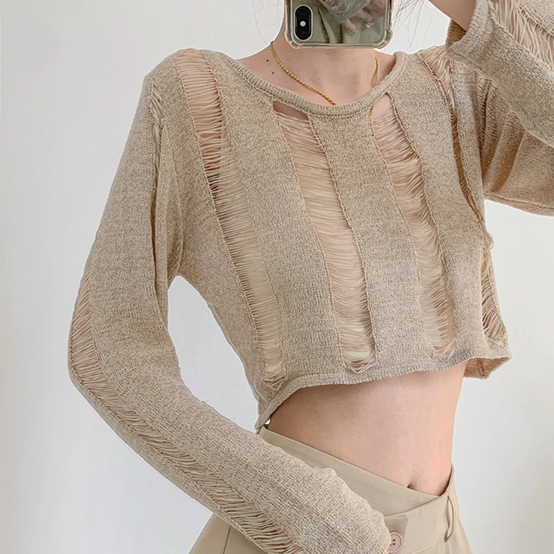 

Autumn Spring Summer Pull Femme Y2k Sexy Sweaters Jumpers Knitted Mesh Pullovers Long Sleeve Crop Top Oversized Sweater Women