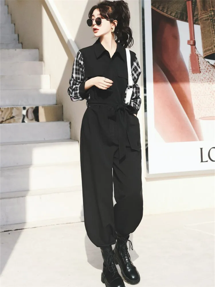 Women Fashion Splice Plaid Black One Piece Jumpsuit 2022 Spring Streetwear Loose Long Sleeve Wide Leg Harem Overalls Romper 8522 |