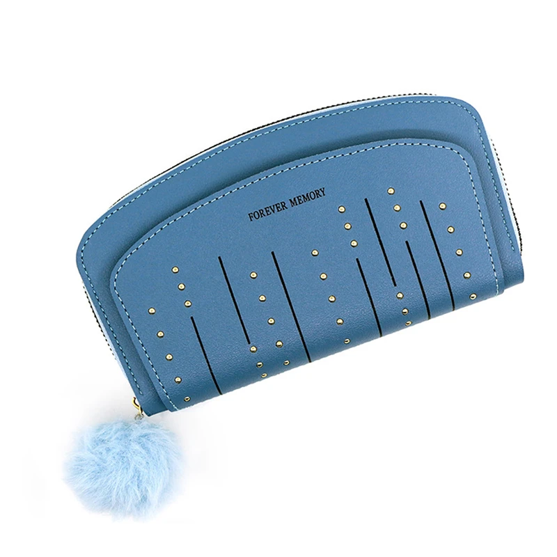 

Women PU Leather Fur Ball Ornaments Wallets Lady Retro Rivet Hasp Long Purse Outdoor Portable Bank Card Phone Hand Bag