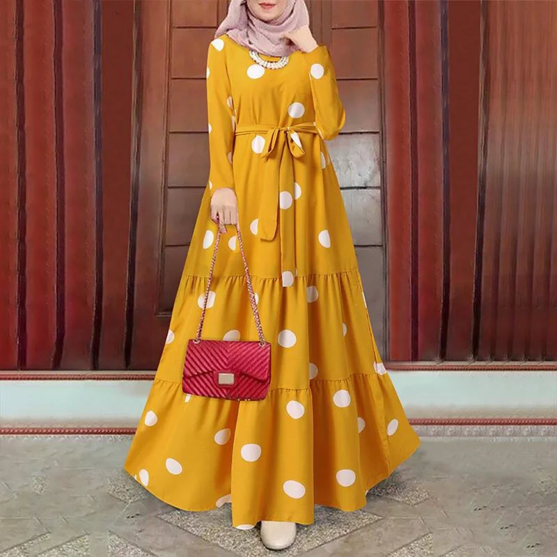 

Women Muslim Polka Dots Printed Dress Fashion O-Neck Long Sleeve Loose Abaya Kaftan Robes Islamic Party Evening Dresses