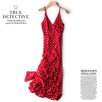 22 new fashion lady vintage chiffon dress women beach holiday summer clothing dot print camisole long dresses red