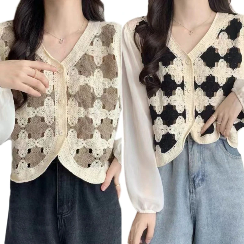 

Crochet Button Up Cardigan Women Hollow Knit Colorblock Floral Blouse Crop Top A5KE