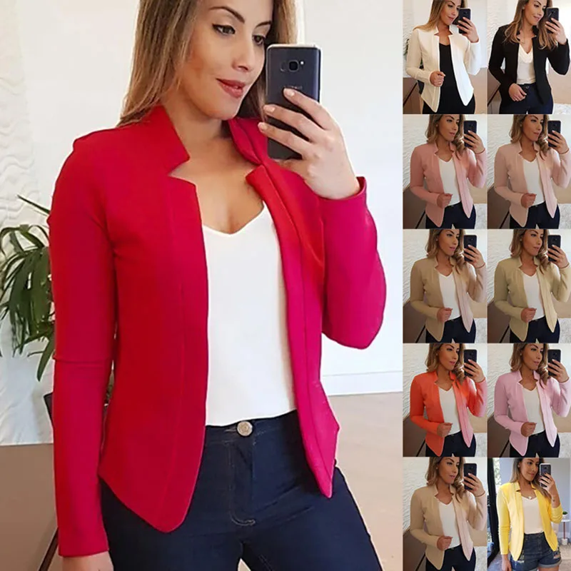 

2022 Woman Plus Size Autumn New Blazer Fashion Stand Collar Long Sleeves Solid Casual Cardigan Short Office Jackets For Women