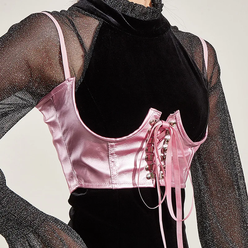 

2023 Streetwear Gothic Dark PU Leather Crop Top Women Hook Lace Up Punk Style Dropshipping Tank Top Cummer Bunds Corset Tops