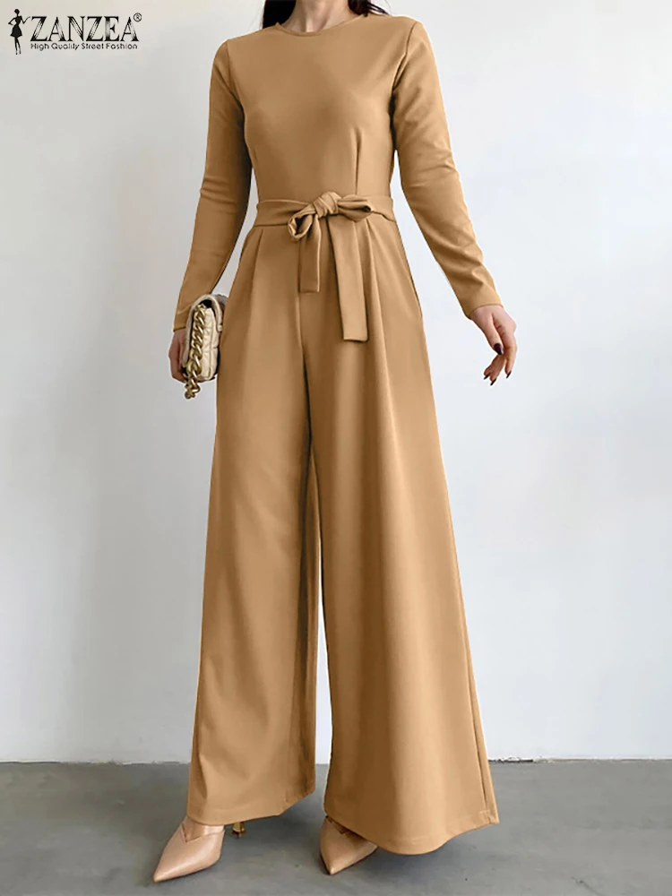 

ZANZEA Elegant Classy Ladies Party Jumpsuits Fashion Women Long Sleeve Casual O-neck Belted Long Rompers Wide Leg Pants Overalls
