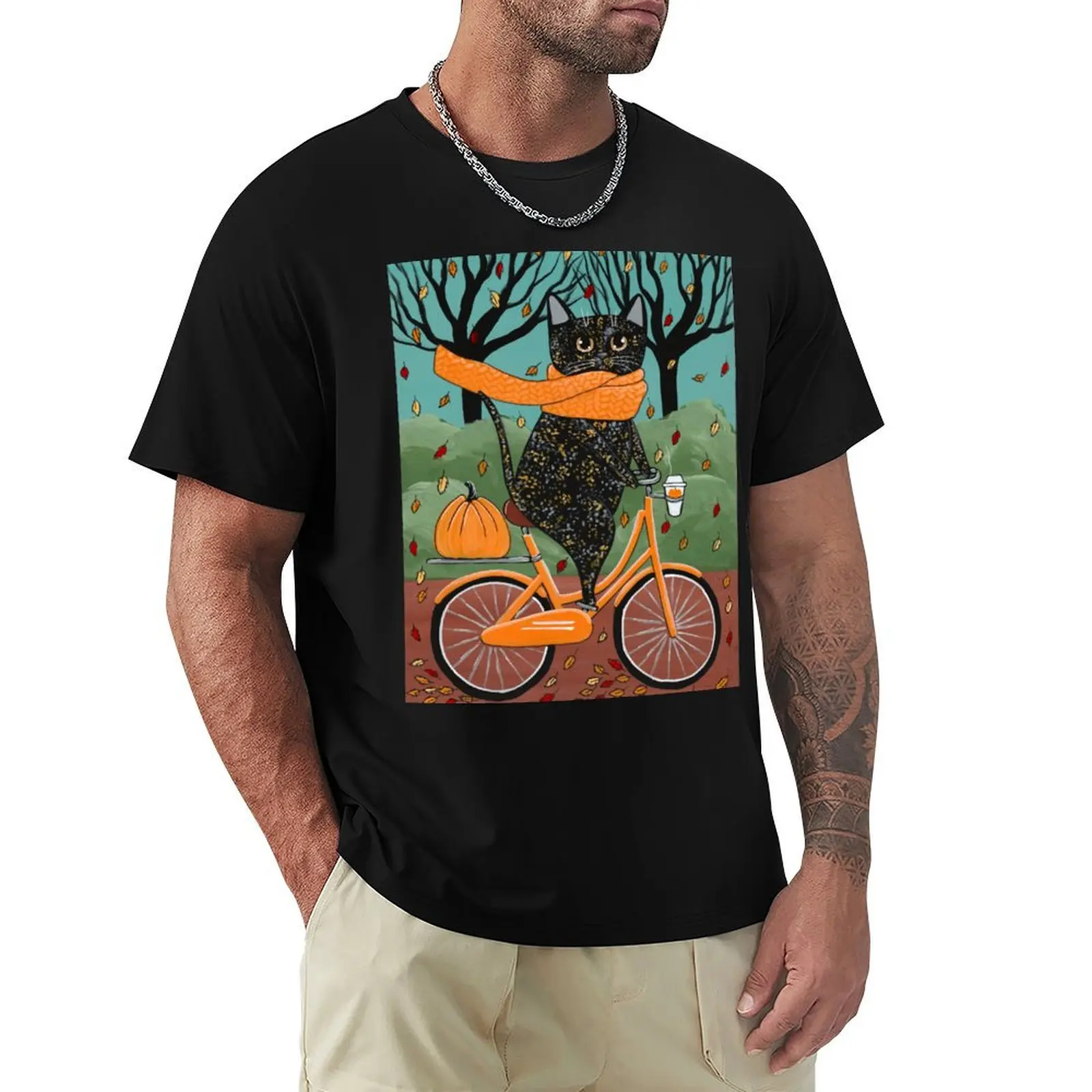 Фото Футболка Tortie Autumn Bicycle Ride Cat, футболка больших размеров, не дающаяся под усадку №1