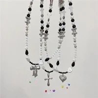 2022 korean wave new pearl necklace black beaded cross necklace peach heart bow pendant temperament versatile jewelry