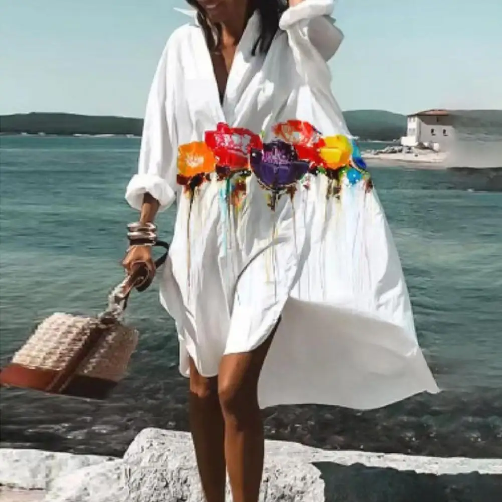 

Lady Dress Terrific Button Decor Above Knee Lapel Beach Dress for Home Dress Women Dress