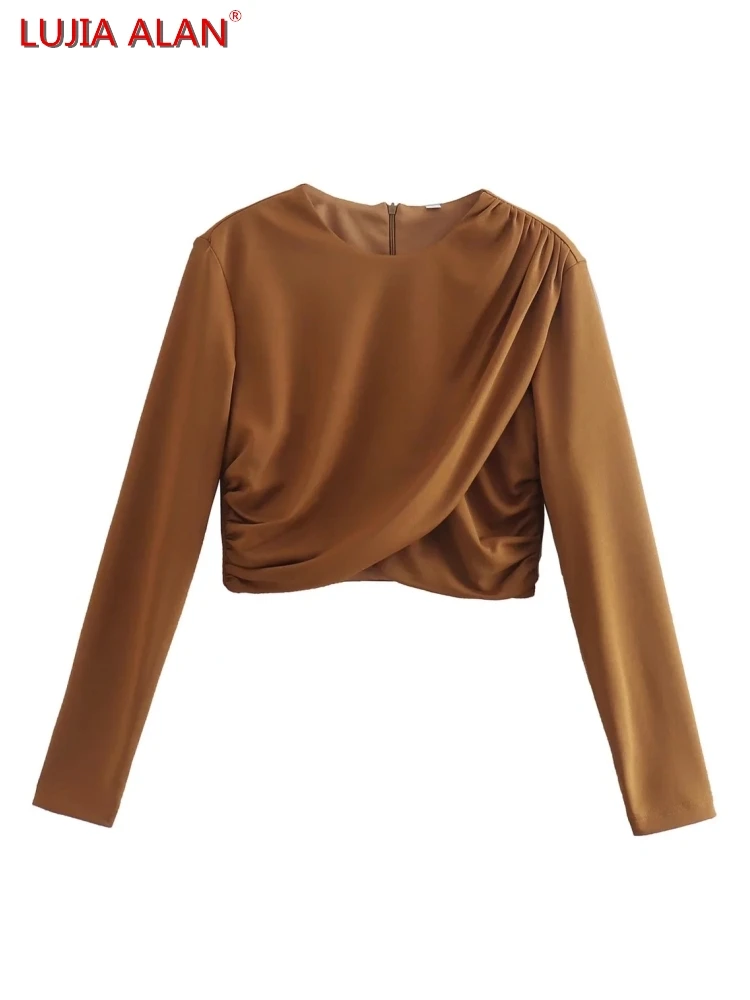 

Women Pleated Cross Short Blouse Summer Female Long Sleeve Shirt Smock Slim Tops Blusas LUJIA ALAN B113