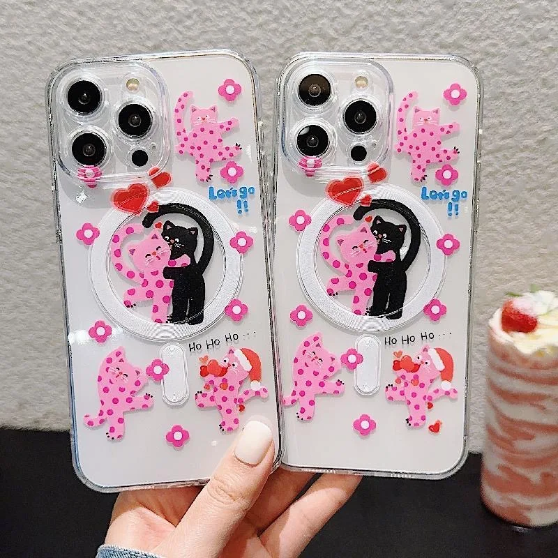 Cute Pink Polka Dot Cat Magsafe Magnetic Phone Case for iPhone 16 15 14 13 12 11 8 7 Plus Pro Max X XR XSMax Soft Clear Tpu
