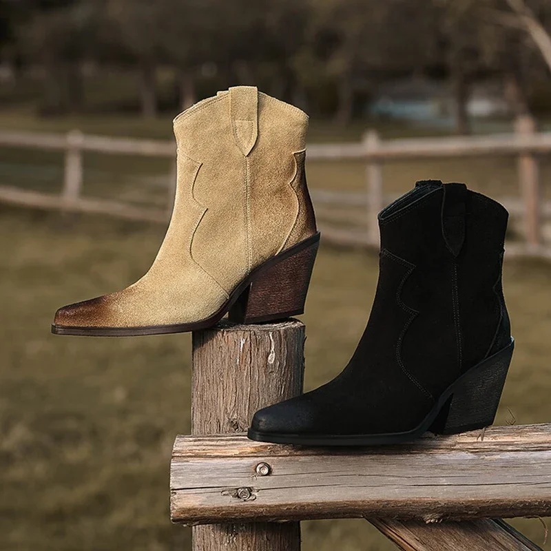 НОВЫЕ осенние женские ботинки из коровьей замши женская обувь с острым носком на