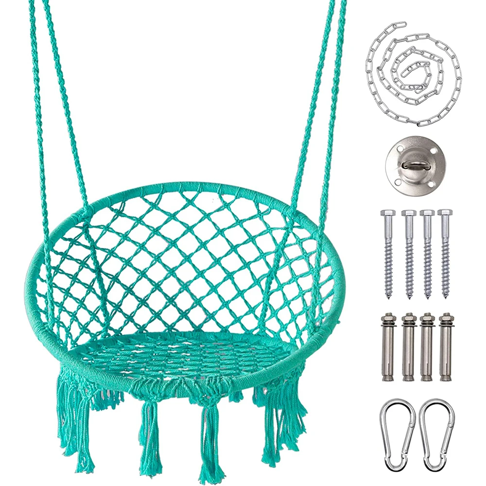 Round Hammock Chair with Hanging Kit, Hanging Knitted Mesh Cotton Rope Macrame Swing, 260 Pounds Capacity, 23.6
