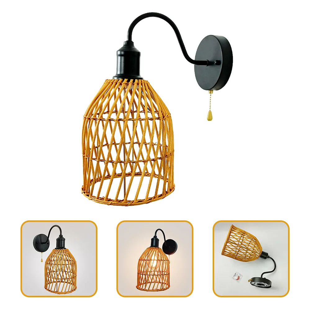 

Wall Sconce Light Lamp Rattan Wicker Pendant Fixture Hanging Bedside Night Wireless Lights Shade Shades Woven Mounted Industrial