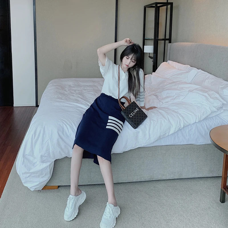 

TB Summer Striped Pleated Skirt Midi Length Bag Skirt High Waist Irregular Knee-knit Ice Linen Skirt Women