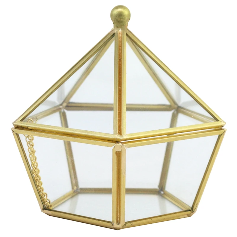 

Copper Frame Geometric Shape Handicraft Glass Flower Room Small Pentagonal Open Lid Jewelry Box