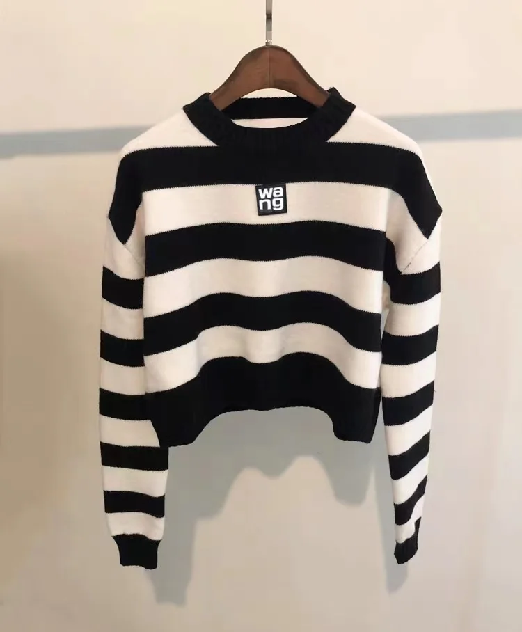 

Letters Wang Autumn and Winter Women's New Striped Loose Knitted Sweater Pullover Outer Wear Letter Round Neck Sweater