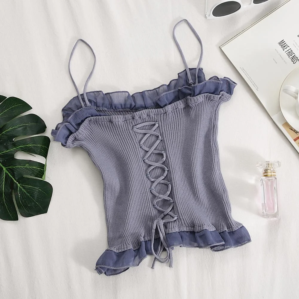 

Женские кроп-топы с перекрестными козами для женщин, трикотажные или вязаные крючком футболки-спагетти, однотонные Короткие топы y2k для жен...