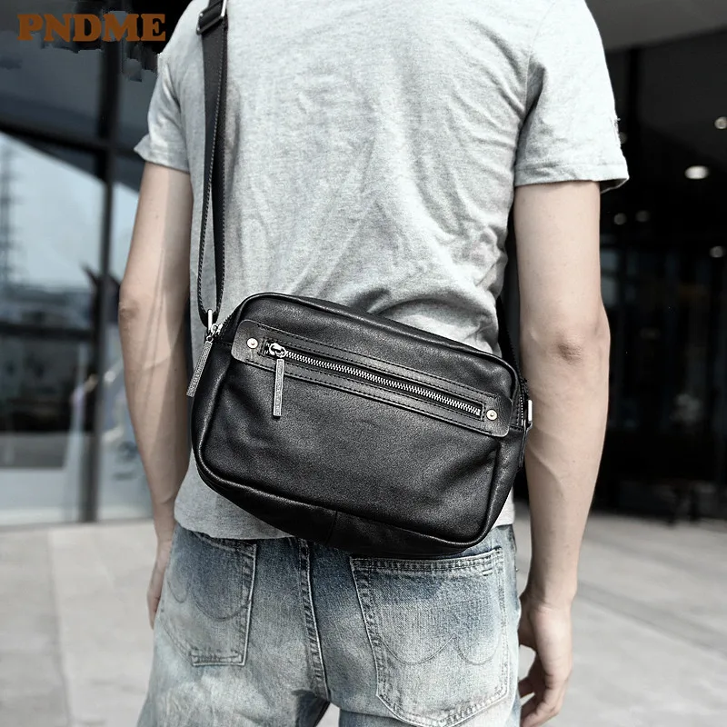 

Casual genuine leather men's daily shoulder bag fashion trend high quality natural real cowhide teen double zipper messenger bag