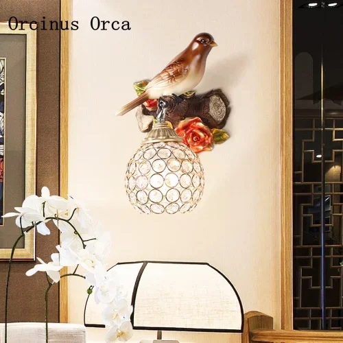Новый китайский стиль ретро птица смола настенный светильник гостиная коридор