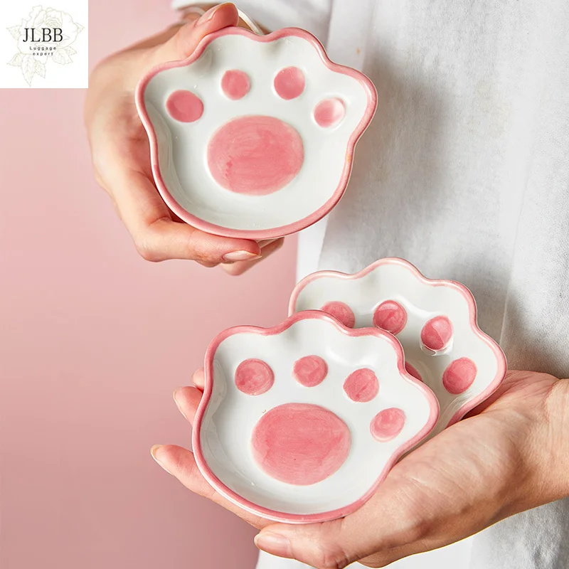 

2PCS/4PCS Small Cute Hand Painting Cat Paw Dishes Underglaze Ceramic Vinegar Soy Sauce Dish Kitchen Home Storage Ring Tray Decor