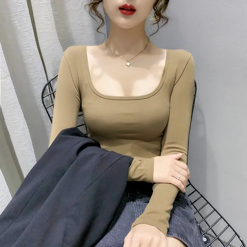 

Women Long Sleeve Sexy Bodycon T-shirt Autumn Sexy Square Collar Solid Rib Knit Basic Tops Fashion Korean Femme Pullover T-shirt