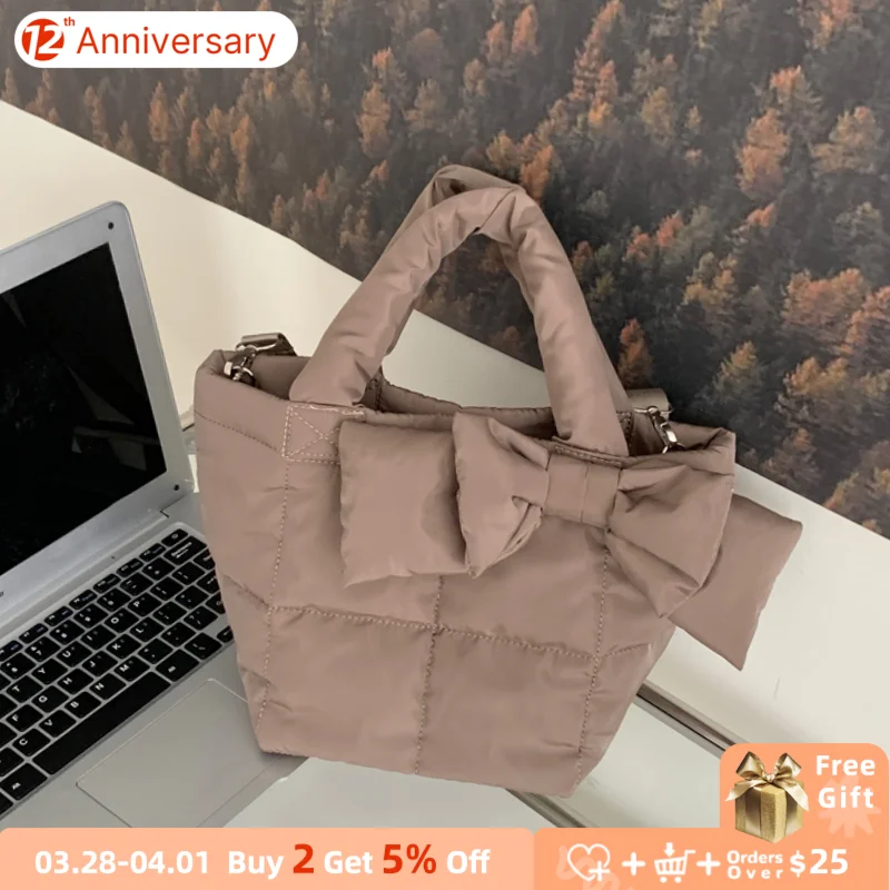 

Fashion Bowknot Women Shoulder Bags Quilted Nylon Ladies Small Tote Messenger Bag Winter Female Designer Top Handle Handbags
