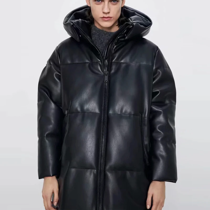 Winter coat Hooded Padded PU parka women Faux leather down jacket female loose zipper overcoat casual warm long coats 2022