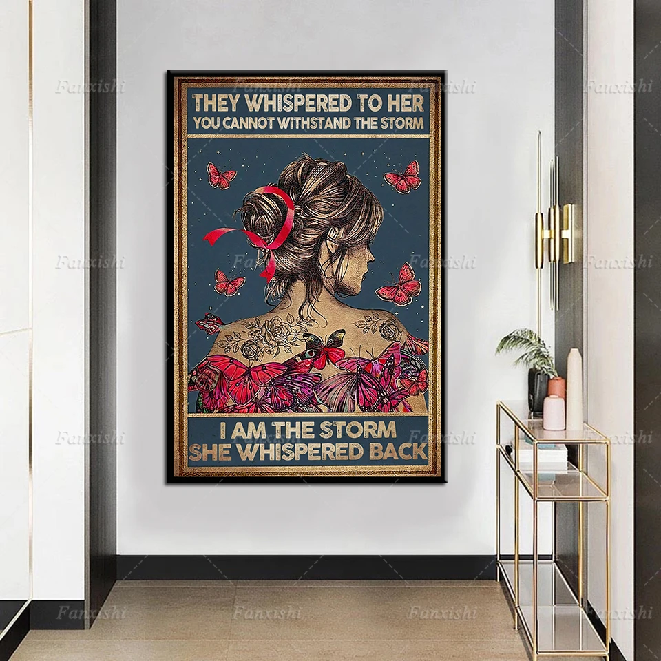 

Canvas Painting Hippie Girl They Whispered To Her You Cannot Withstand The Storm I Am Frame Poster Retro Print Home Wall Decor