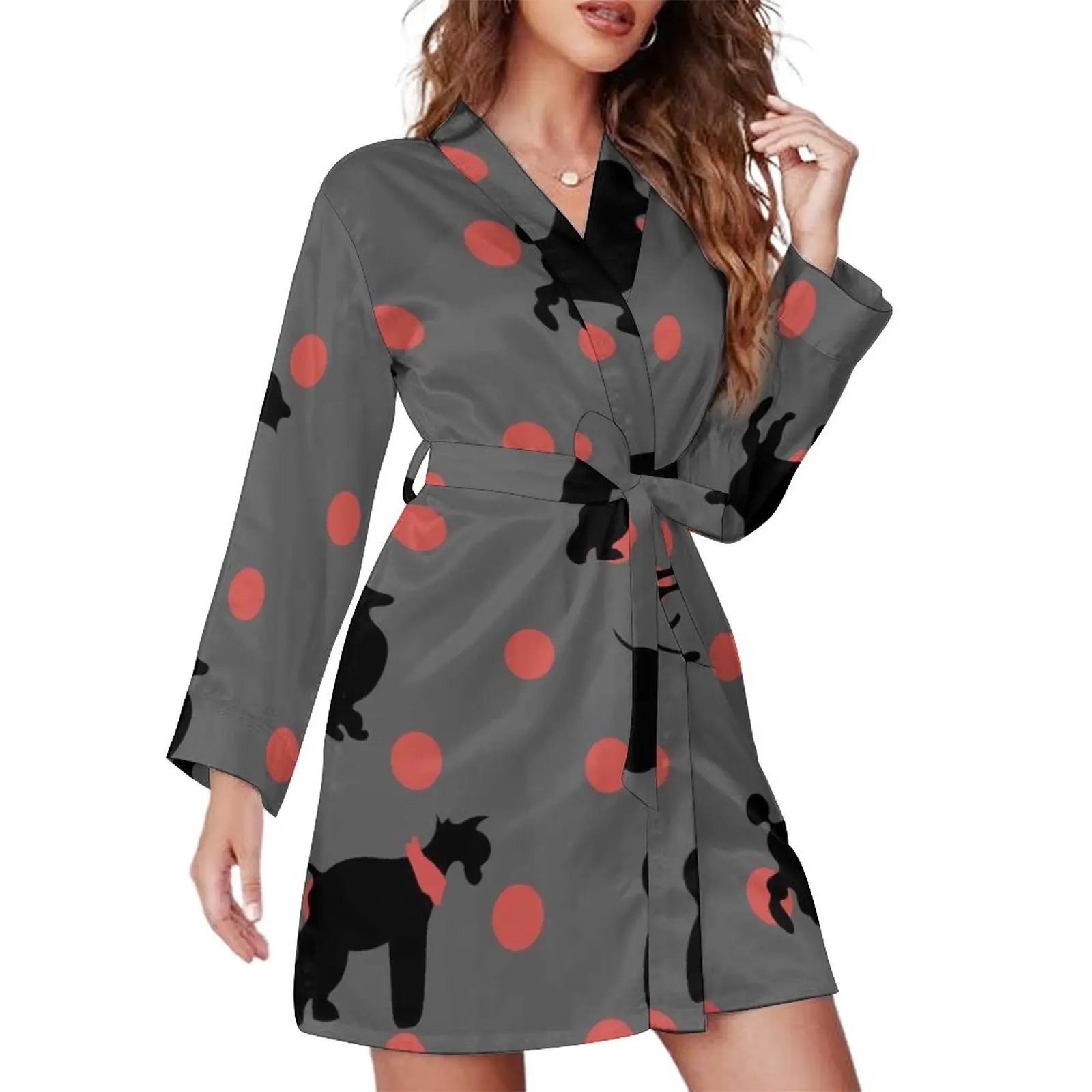 

Black Cute Dog Pajama Robe V Neck Polka Dots Print Kawaii Dresses Female Long-Sleeve Bedroom Sleepwear New Print Pajamas Robes