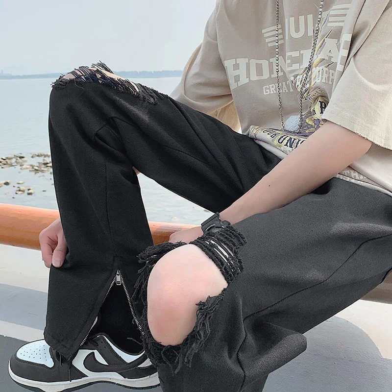 Summer Blue/Black Baggy Jeans Men Fashion Casual Ripped Straight Jeans Mens Streetwear Hip Hop Loose Ripped Denim Trousers Men