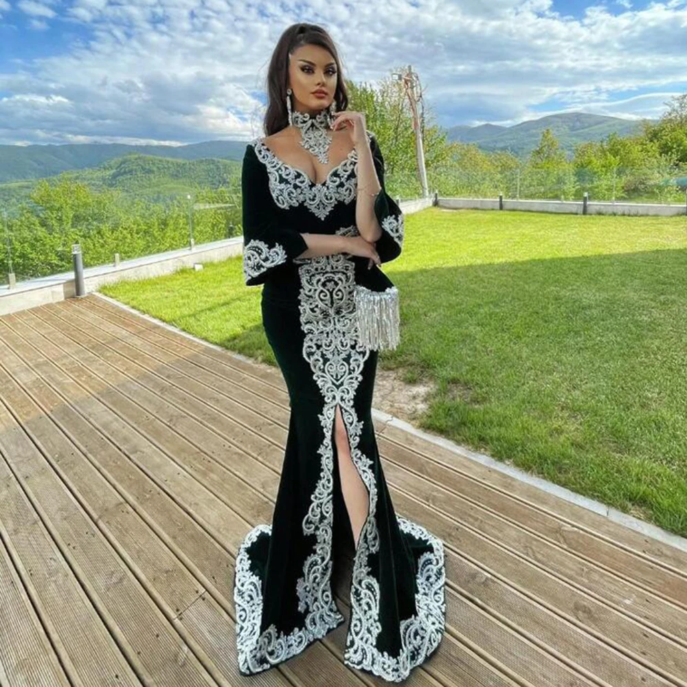 

Laxsesu Black Morocco Caftan Velour Evening Dresses Saudi Arabic Abaya Prom Dress 2022 Appliques Lace Dubai Bride Gown De Fiesta