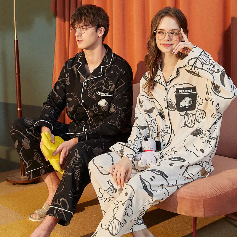 

Kawaii Snoopy Two-Piece Pyjamas Couple Spring and Autumn Long-Sleeved Loungewear Animation Cartoon Casual Wear Pajamas Gifts Set
