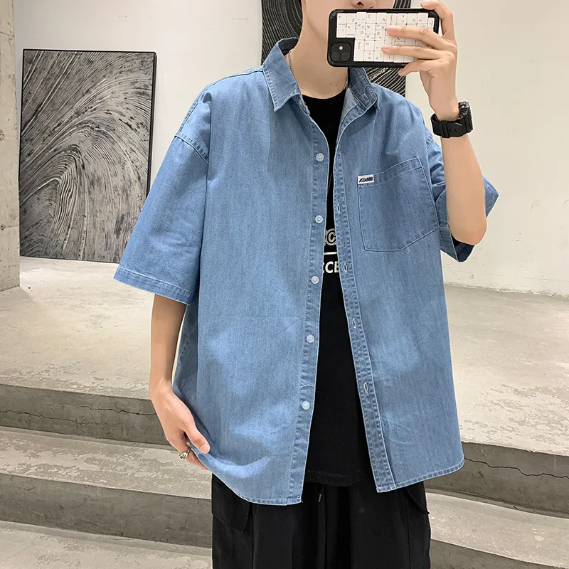 

2022 Summer New Fashion Denim Short Sleeve Shirt Men Korean Fashion Retro Casual Loose Cardigan Short Sleeve Jacket Simple Style