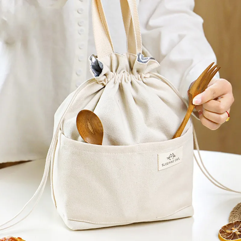 

Drawstring Canvas Convenient Lunch Bag Thickened Aluminum Foil Insulation Bento Box Tote Cooler Handbag Picnic Dinner Container