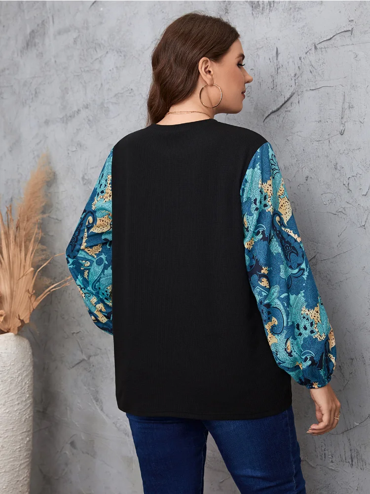 Temperament commuter color matching plant lantern sleeve round neck plus size shirt plus size women clothing