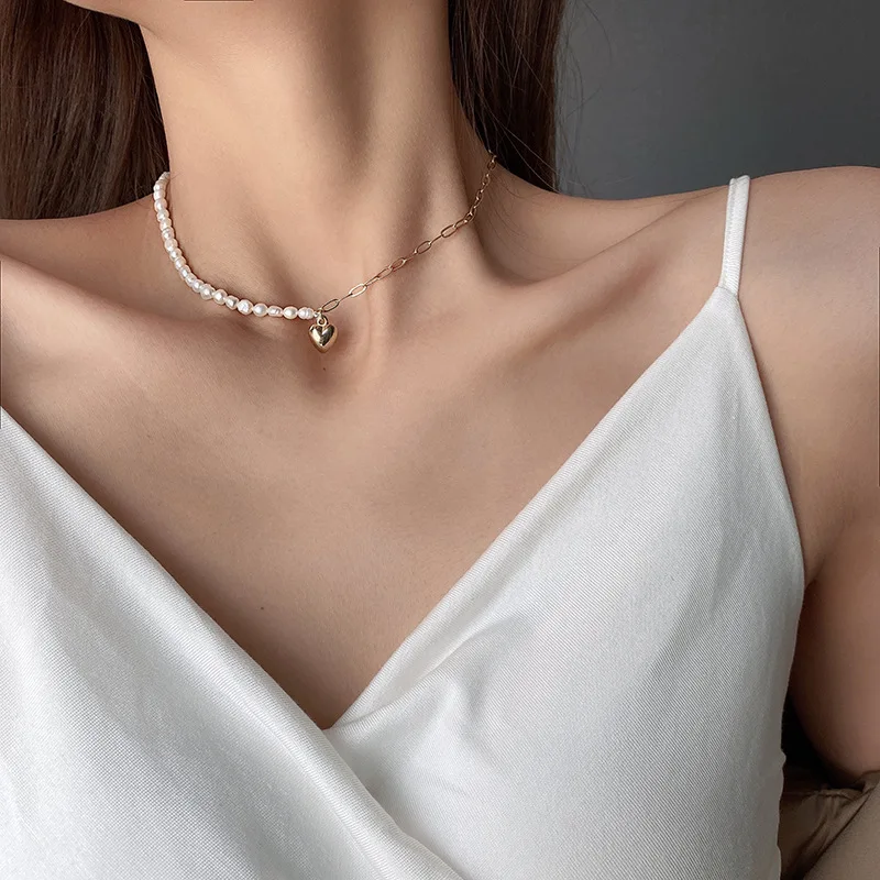 

Minar Gold Love Heart Pendant Necklace for Women Titanium Steel Natural Freshwater Pearl Link Chain Asymmetric Chokers Necklaces