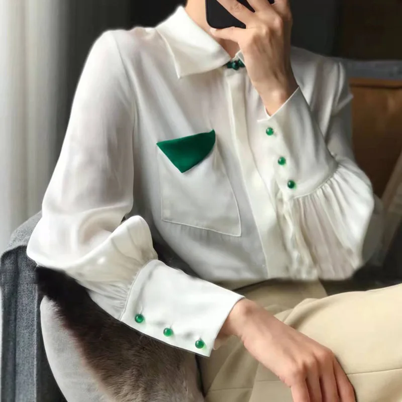 

Vintage White Shirt Women Korean Style Turndown Collar Green Button Up Blouse Top Office Lady Elegant Long Sleeve Chiffon Blousa
