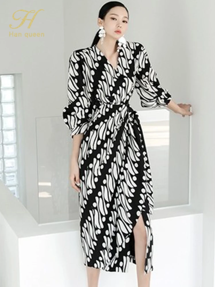 

H Han Queen Elegant V-Neck Office Long Dress Women Summer Sheath Pencil Dresses Simple Slim Casual Work Party Bodycon Vestidos