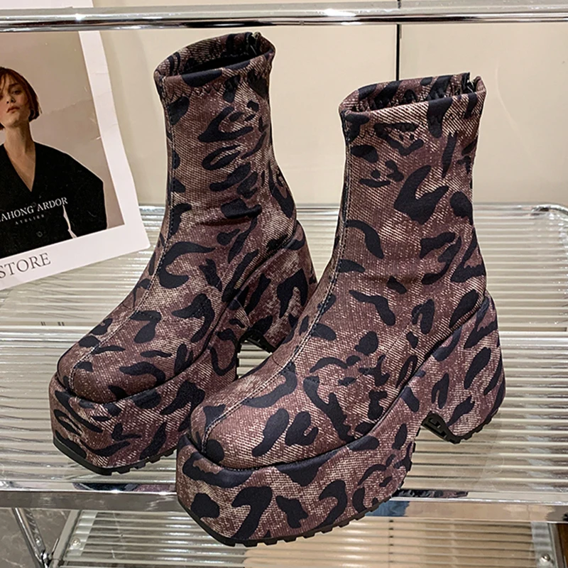 Леопардовые женские ботильоны на плоской подошве и платформе повседневная