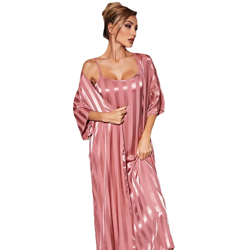 Women's Sleepwear 2 Pcs Sets Velvet Sleepwear Striped Robe Nightgown and Backless Sleep Dress Pajamas Set